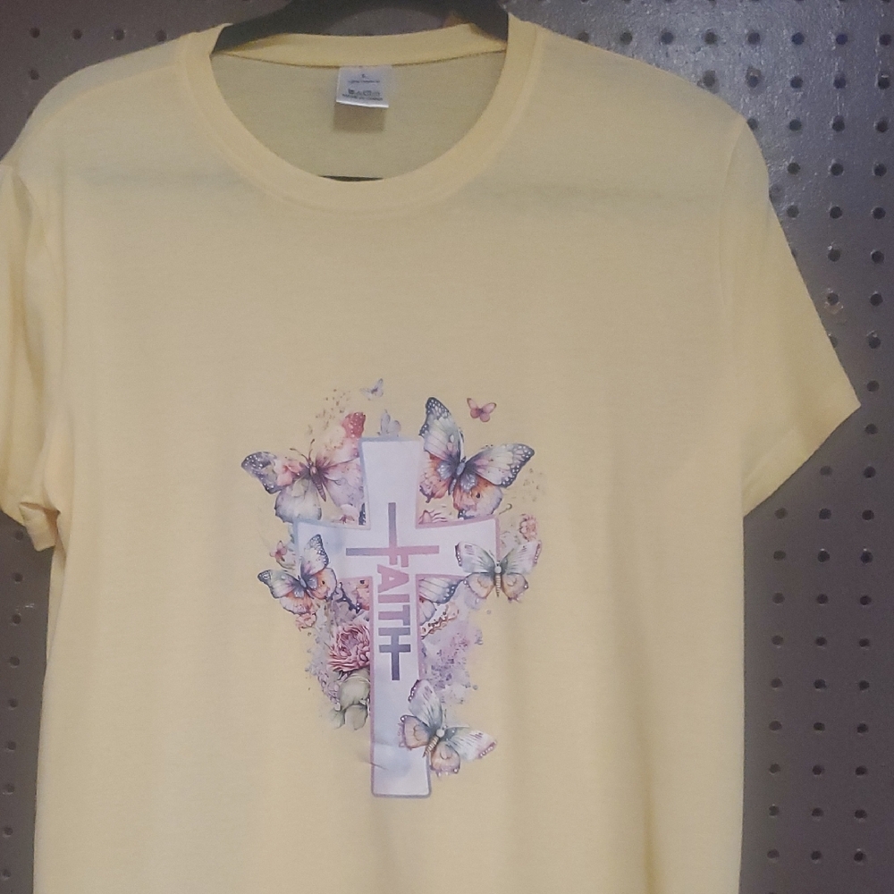 Yellow T-Shirt with Cross and Butterfly Design